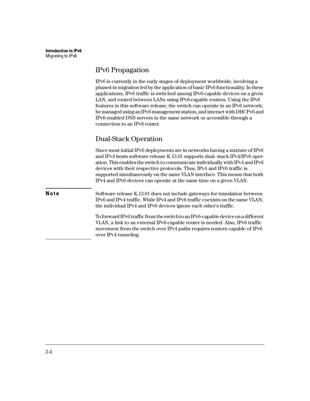 HP IPv6 5400zl manual IPv6 Propagation, Dual-Stack Operation, Individual IPv4 and IPv6 devices ignore each others traffic 