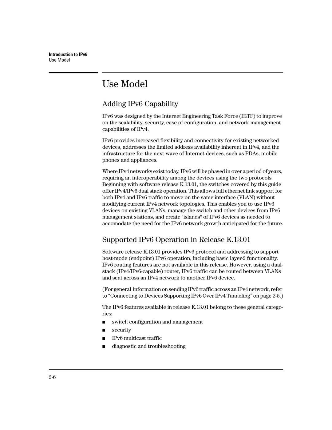 HP IPv6 6200yl, IPv6 2900, IPv6 5400zl manual Use Model, Adding IPv6 Capability, Supported IPv6 Operation in Release K.13.01 