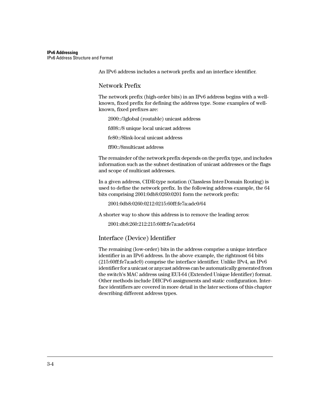 HP IPv6 5400zl, IPv6 6200yl, IPv6 2900, IPv6 3500yl manual Network Prefix, Interface Device Identifier 