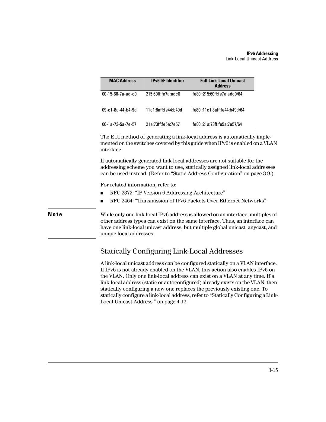 HP IPv6 2900 manual Statically Configuring Link-Local Addresses, Interface, RFC 2373 IP Version 6 Addressing Architecture 