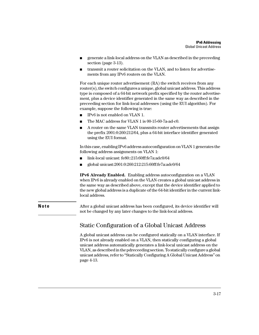 HP IPv6 3500yl Static Configuration of a Global Unicast Address, Following address assignments on Vlan, Local address 