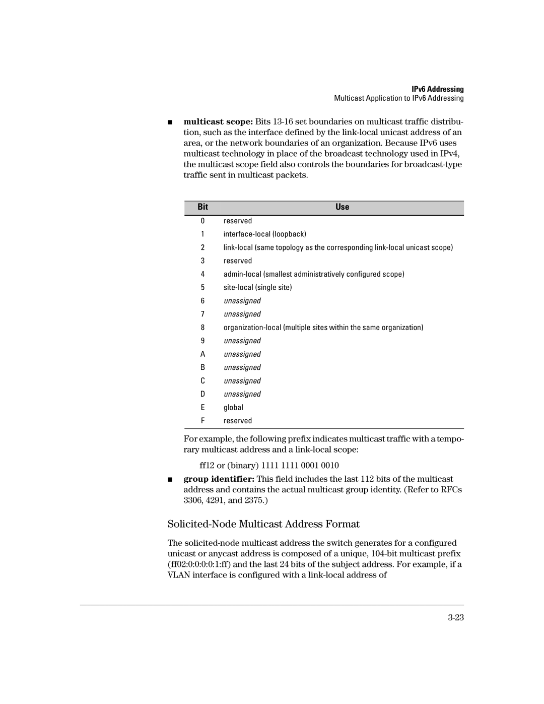 HP IPv6 2900, IPv6 6200yl, IPv6 5400zl, IPv6 3500yl manual Solicited-Node Multicast Address Format, Bit Use 