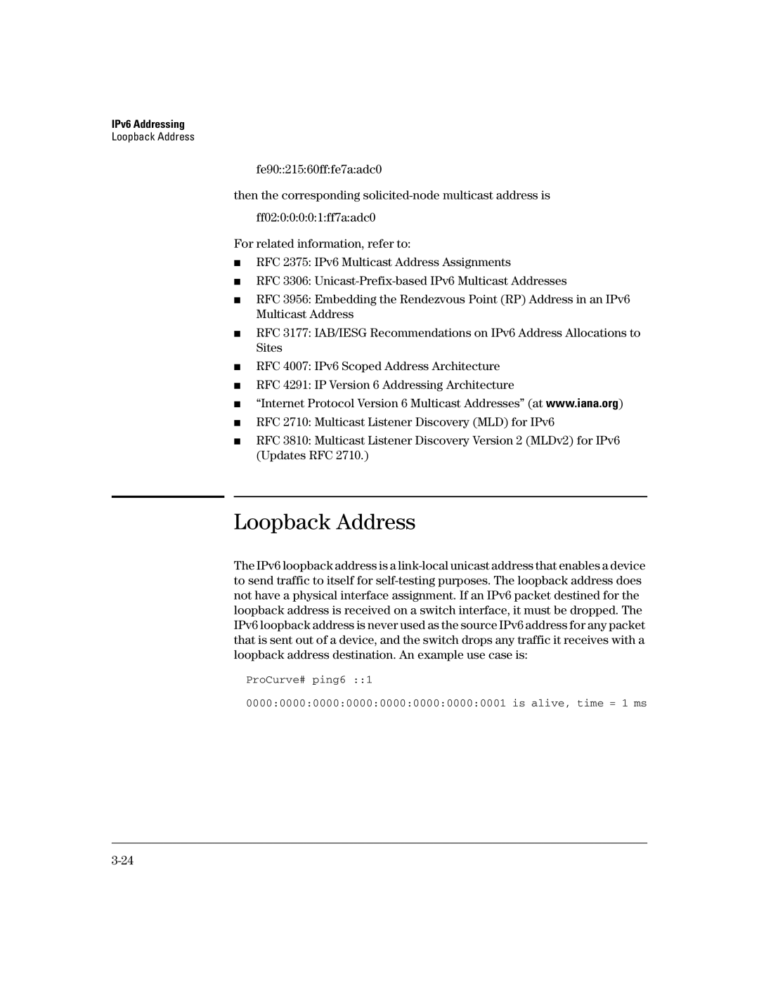 HP IPv6 5400zl, IPv6 6200yl, IPv6 2900, IPv6 3500yl manual Loopback Address 