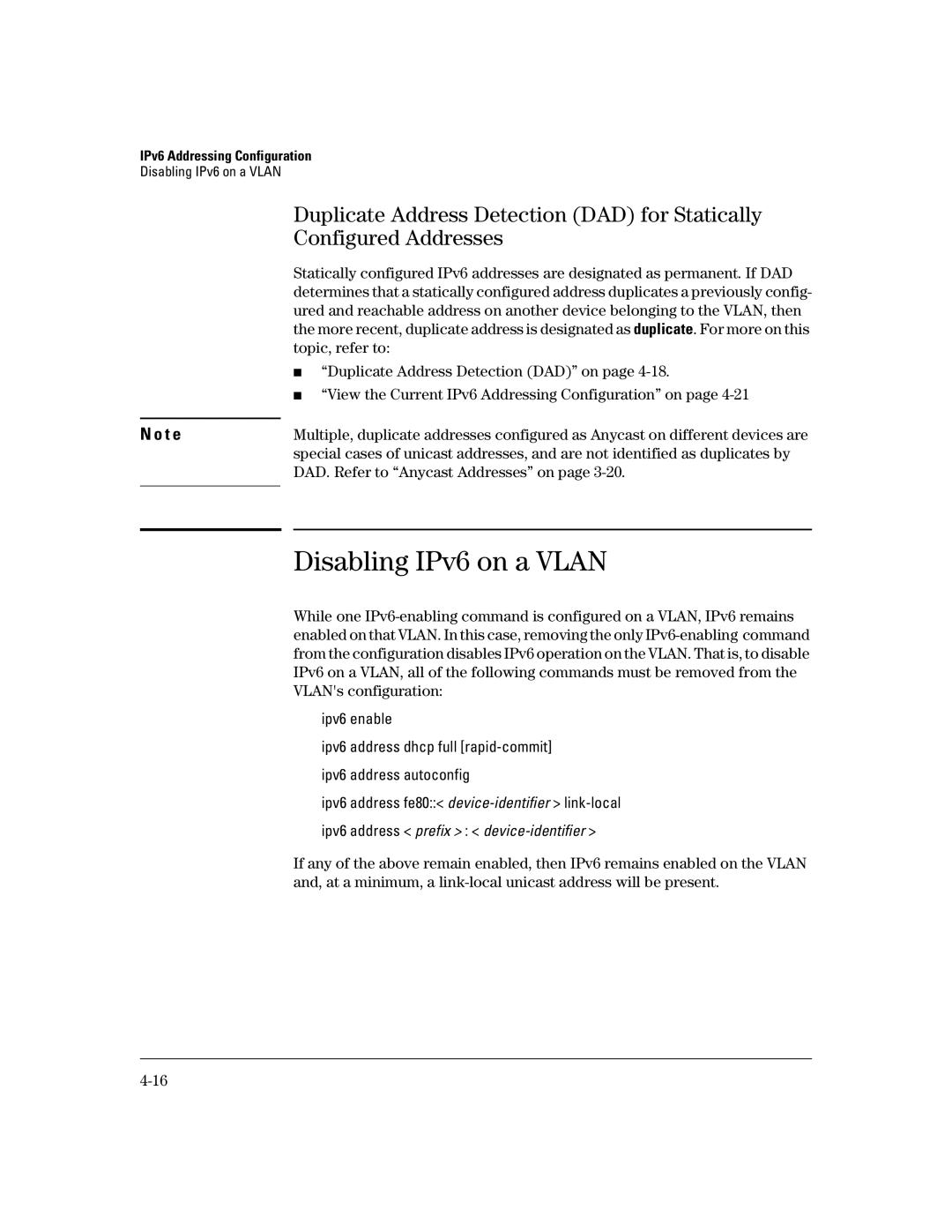 HP IPv6 6200yl, IPv6 2900, IPv6 5400zl, IPv6 3500yl manual Disabling IPv6 on a Vlan, Ipv6 enable 