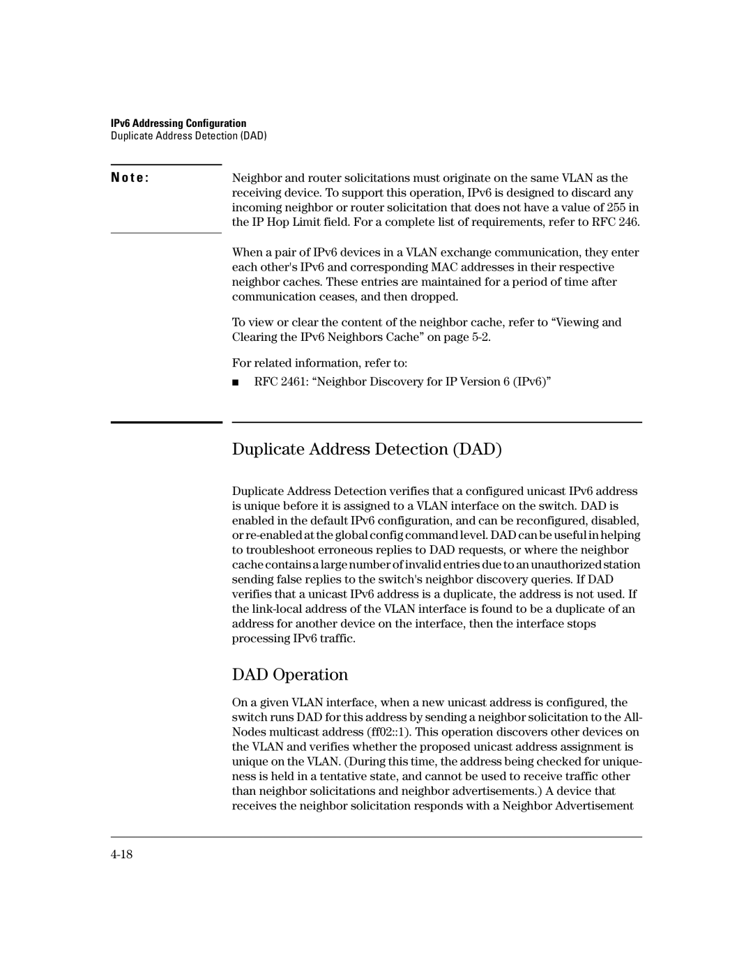 HP IPv6 5400zl, IPv6 6200yl, IPv6 2900, IPv6 3500yl manual Duplicate Address Detection DAD, DAD Operation 