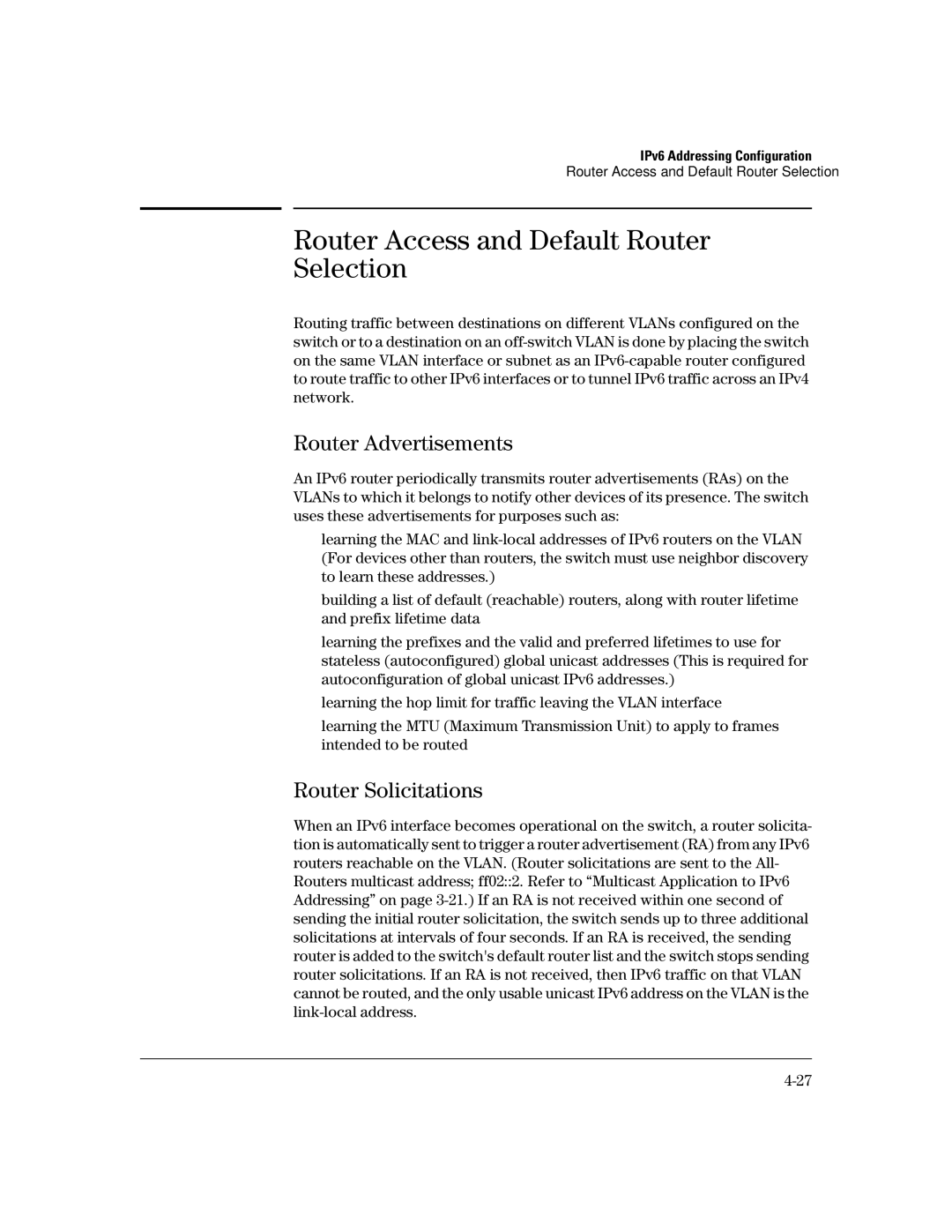 HP IPv6 3500yl, IPv6 6200yl manual Router Access and Default Router Selection, Router Advertisements, Router Solicitations 