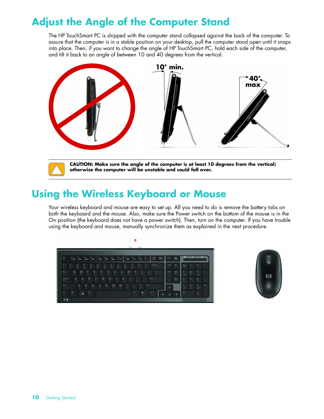 HP 22 Inch KQ437AA, IQ504 KQ436AA-NOOS manual Adjust the Angle of the Computer Stand, Using the Wireless Keyboard or Mouse 