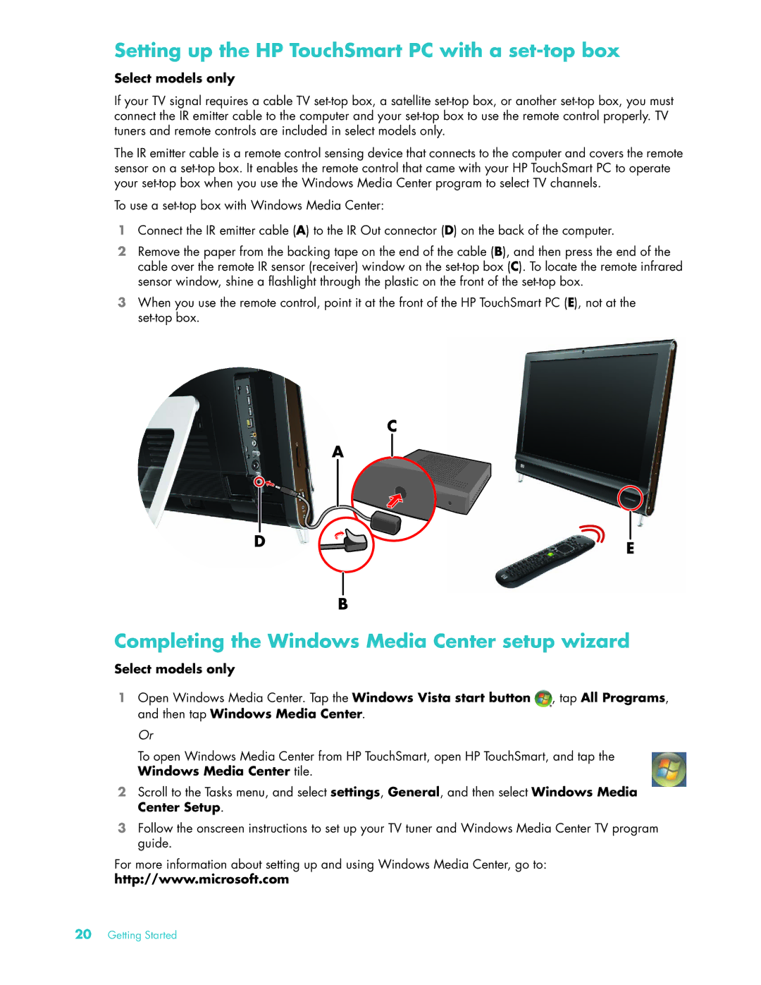 HP Debranded 22 Inch TSMT506, IQ504 KQ436AA-NOOS, 22 Inch KQ437AA manual Setting up the HP TouchSmart PC with a set-top box 