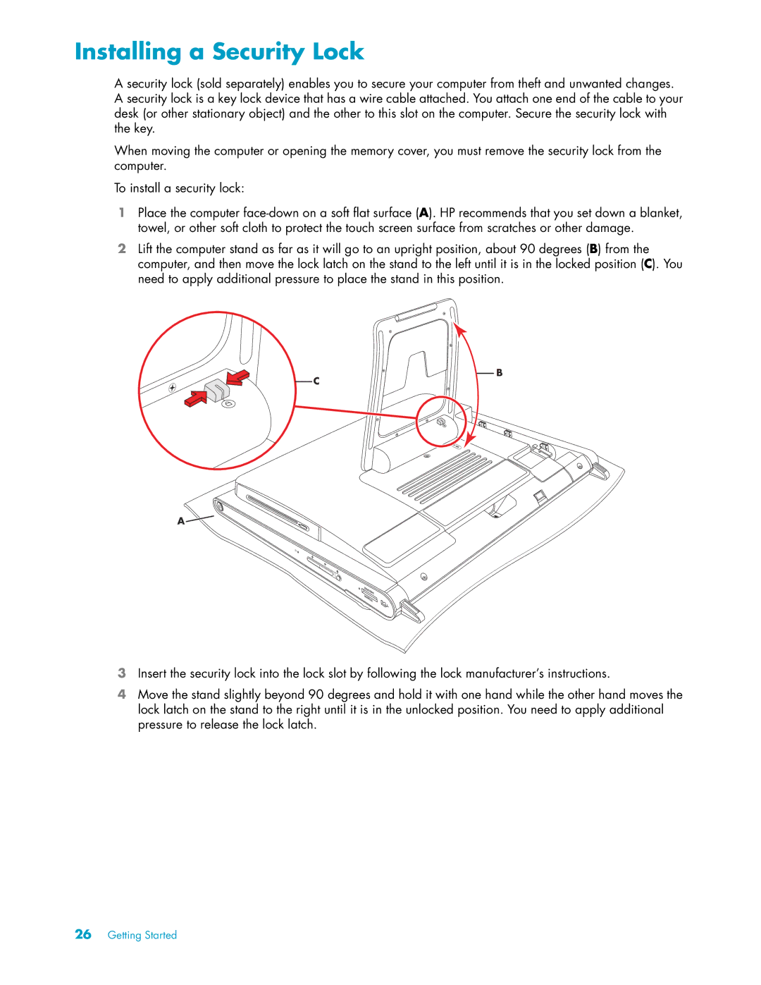 HP Debranded 22 Inch TSMT506, IQ504 KQ436AA-NOOS, 22 Inch KQ437AA manual Installing a Security Lock 