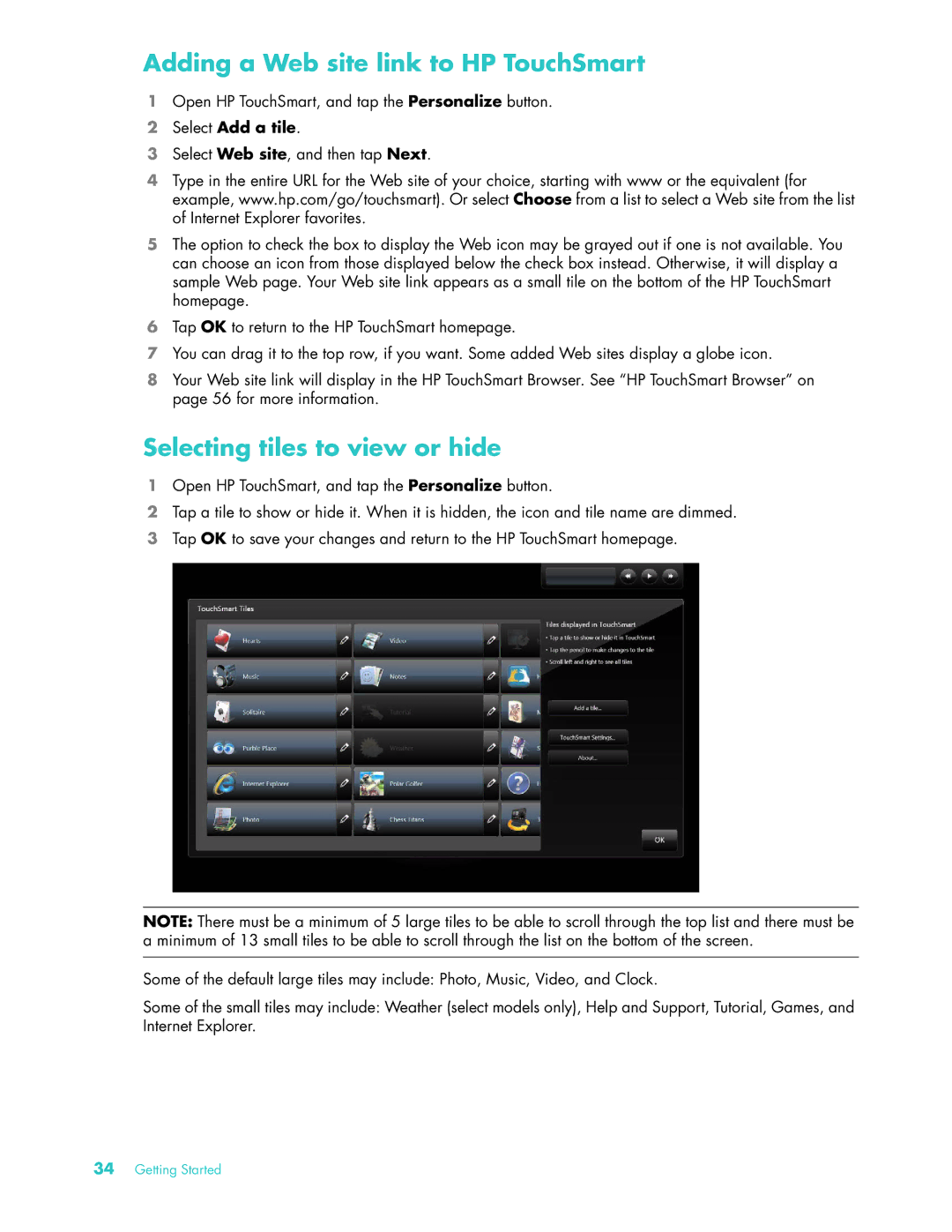 HP 22 Inch KQ437AA, IQ504 KQ436AA-NOOS manual Adding a Web site link to HP TouchSmart, Selecting tiles to view or hide 