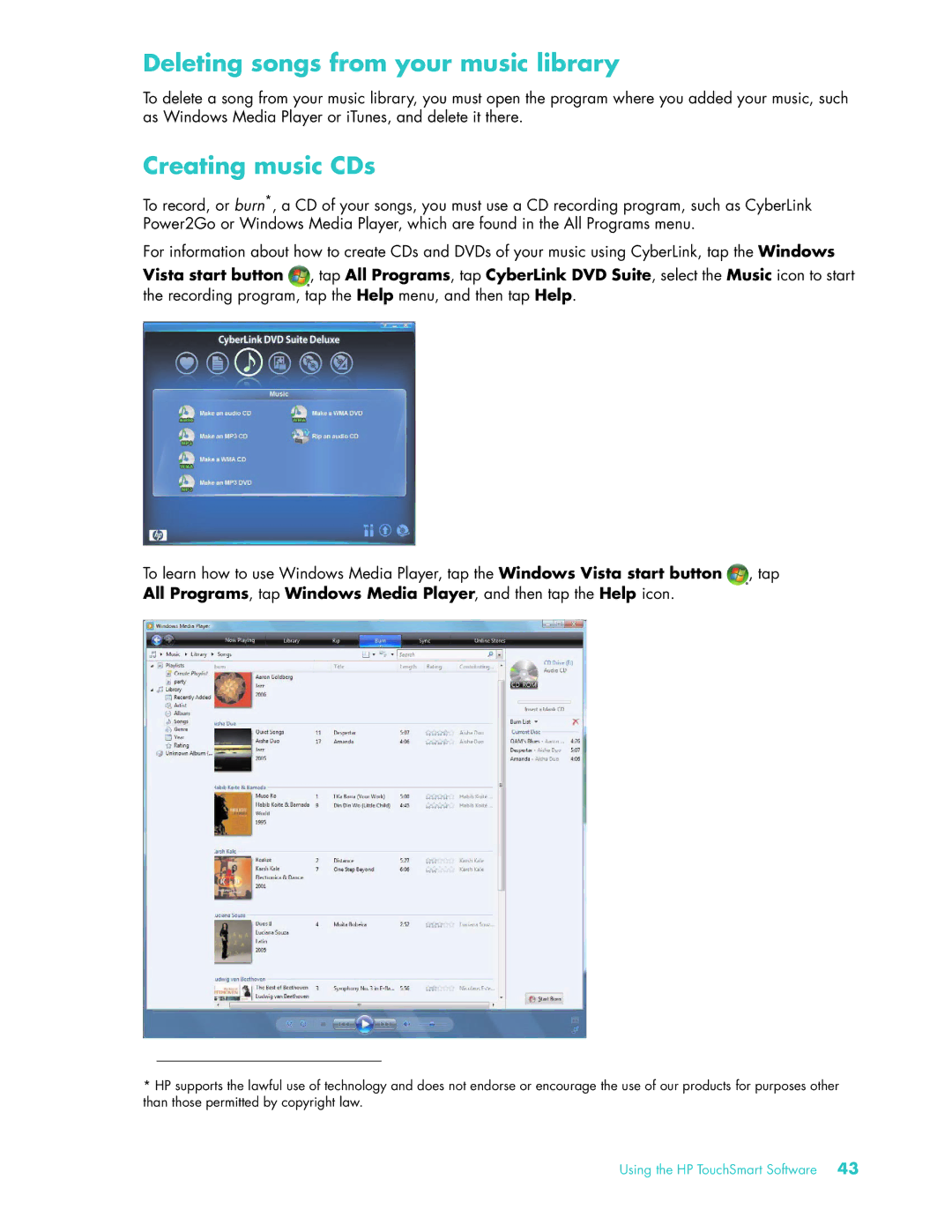 HP 22 Inch KQ437AA, IQ504 KQ436AA-NOOS manual Deleting songs from your music library, Creating music CDs 