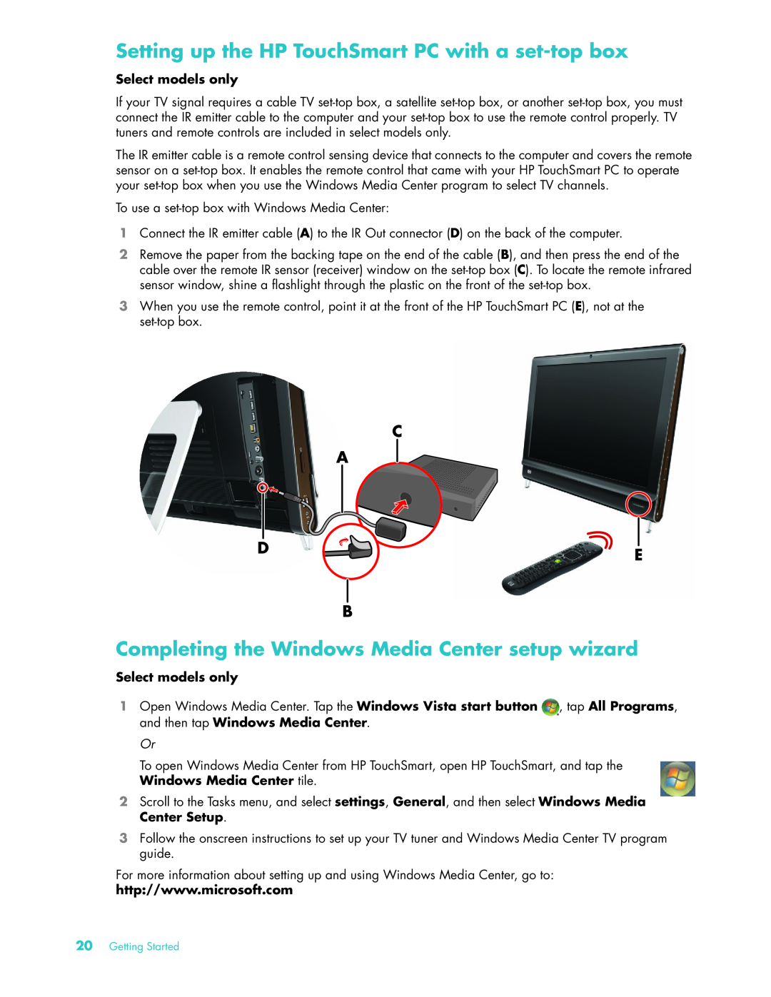 HP Debranded 22 Inch TSMT506 manual Setting up the HP TouchSmart PC with a set-top box, C A D E B, Select models only 
