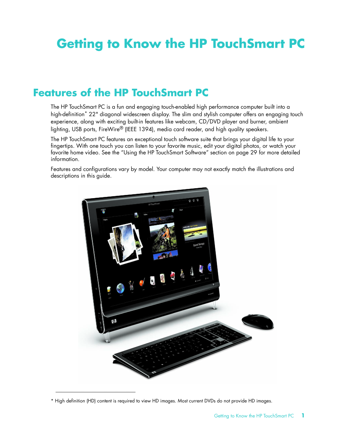 HP 22 Inch KQ437AA, IQ504 KQ436AA-NOOS manual Getting to Know the HP TouchSmart PC, Features of the HP TouchSmart PC 