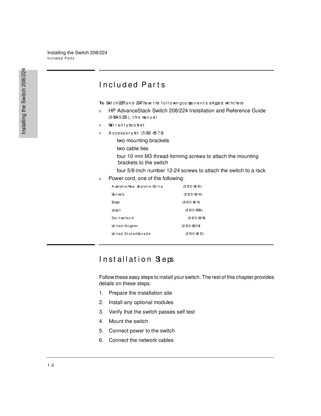 HP J3177A, J3175A manual Included Parts, Installation Steps, Installing the Switch 208/224 