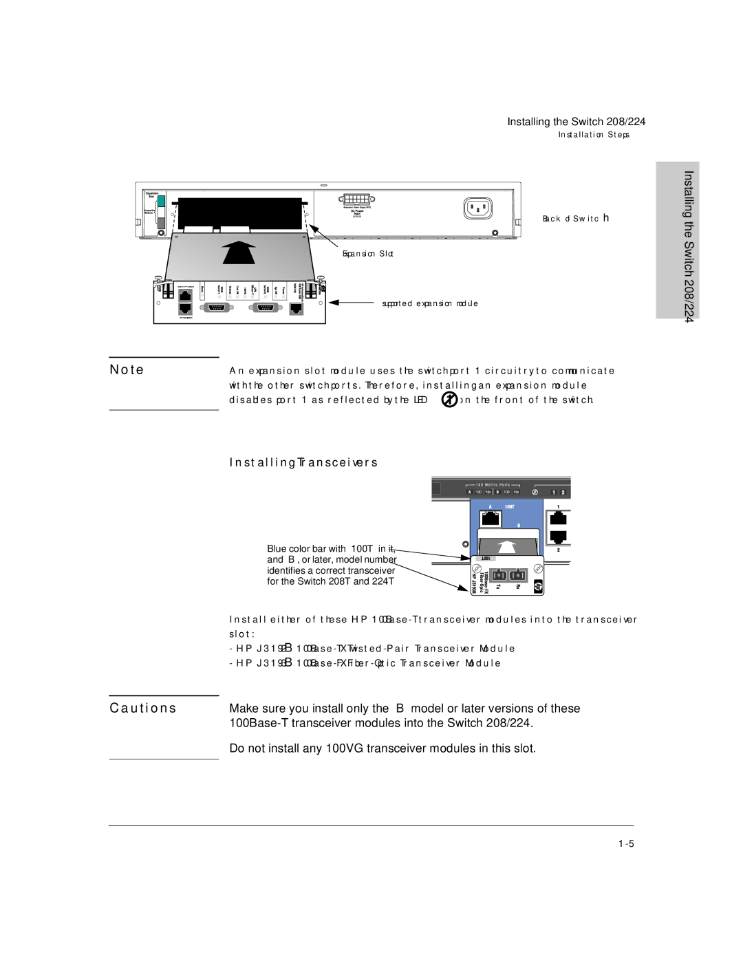 HP J3175A, J3177A manual Installing Transceivers, 100Base-T transceiver modules into the Switch 208/224 