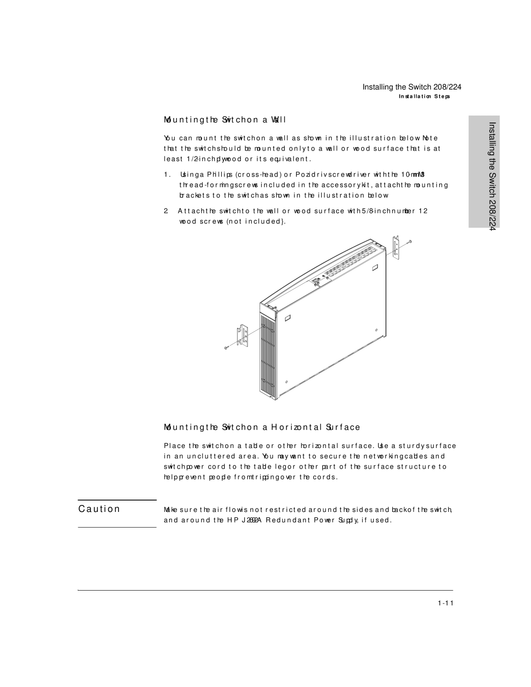 HP J3175A, J3177A manual Mounting the Switch on a Wall, Mounting the Switch on a Horizontal Surface 