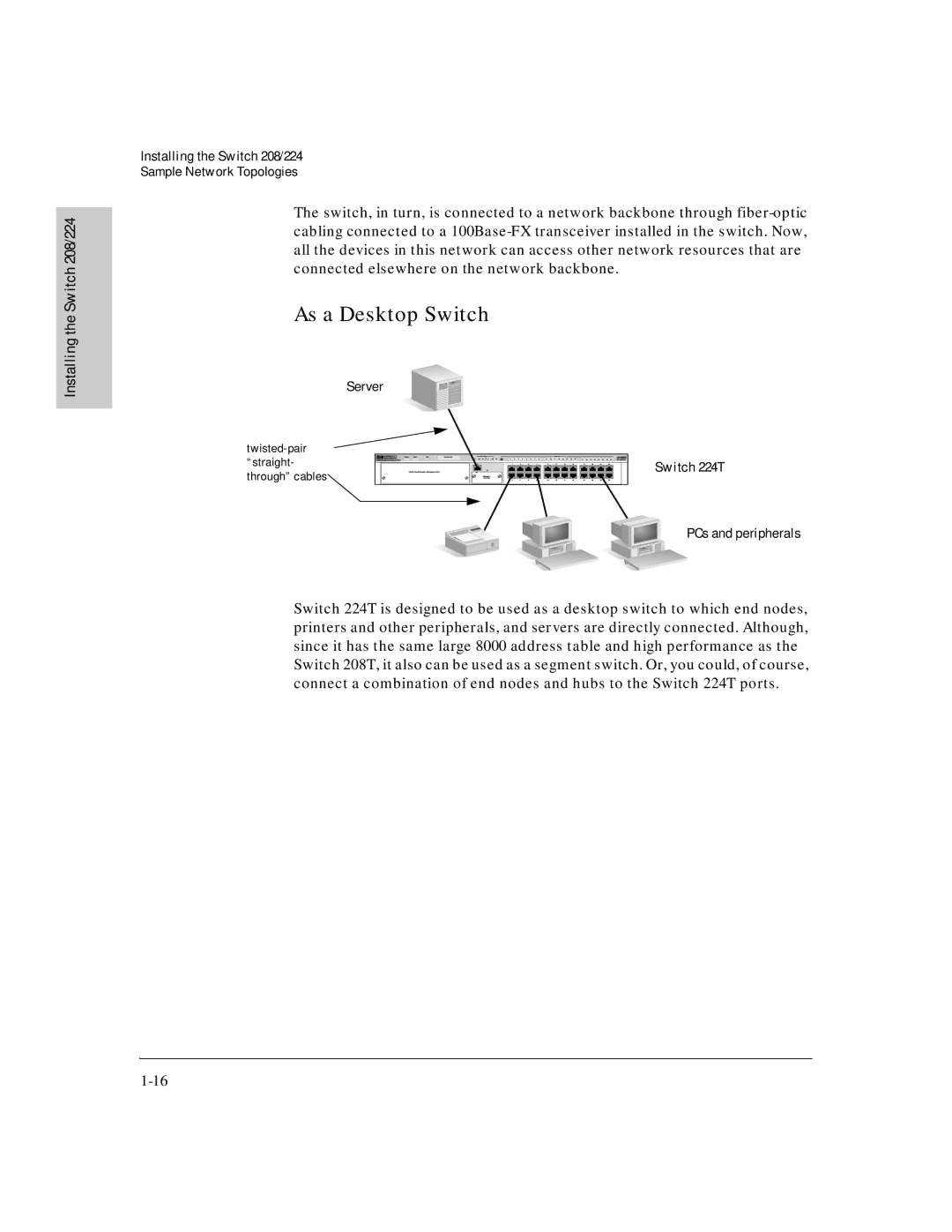 HP J3177A, J3175A manual As a Desktop Switch, Server, Switch 224T PCs and peripherals 