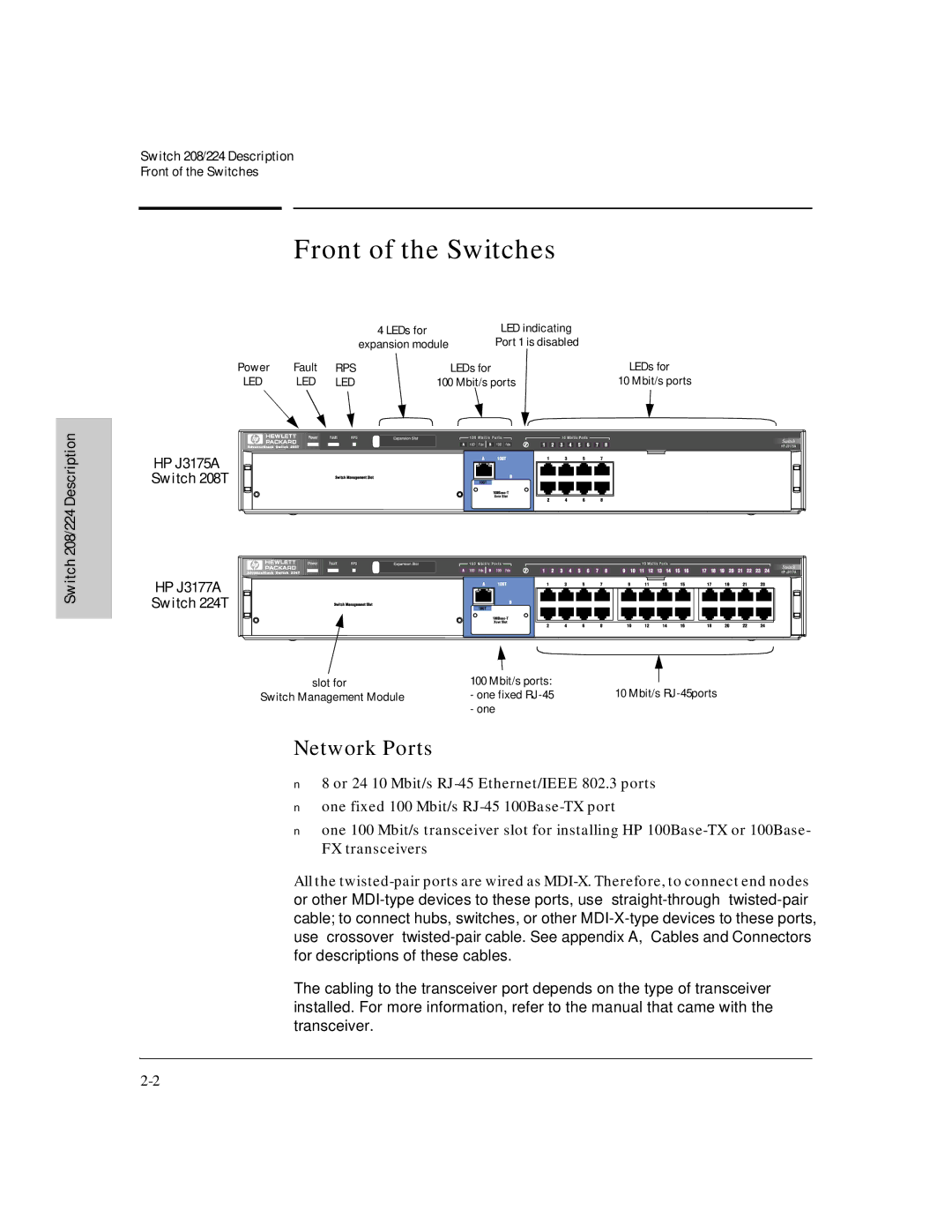 HP J3177A, J3175A manual Front of the Switches, Network Ports, Switch 208/224 Description 