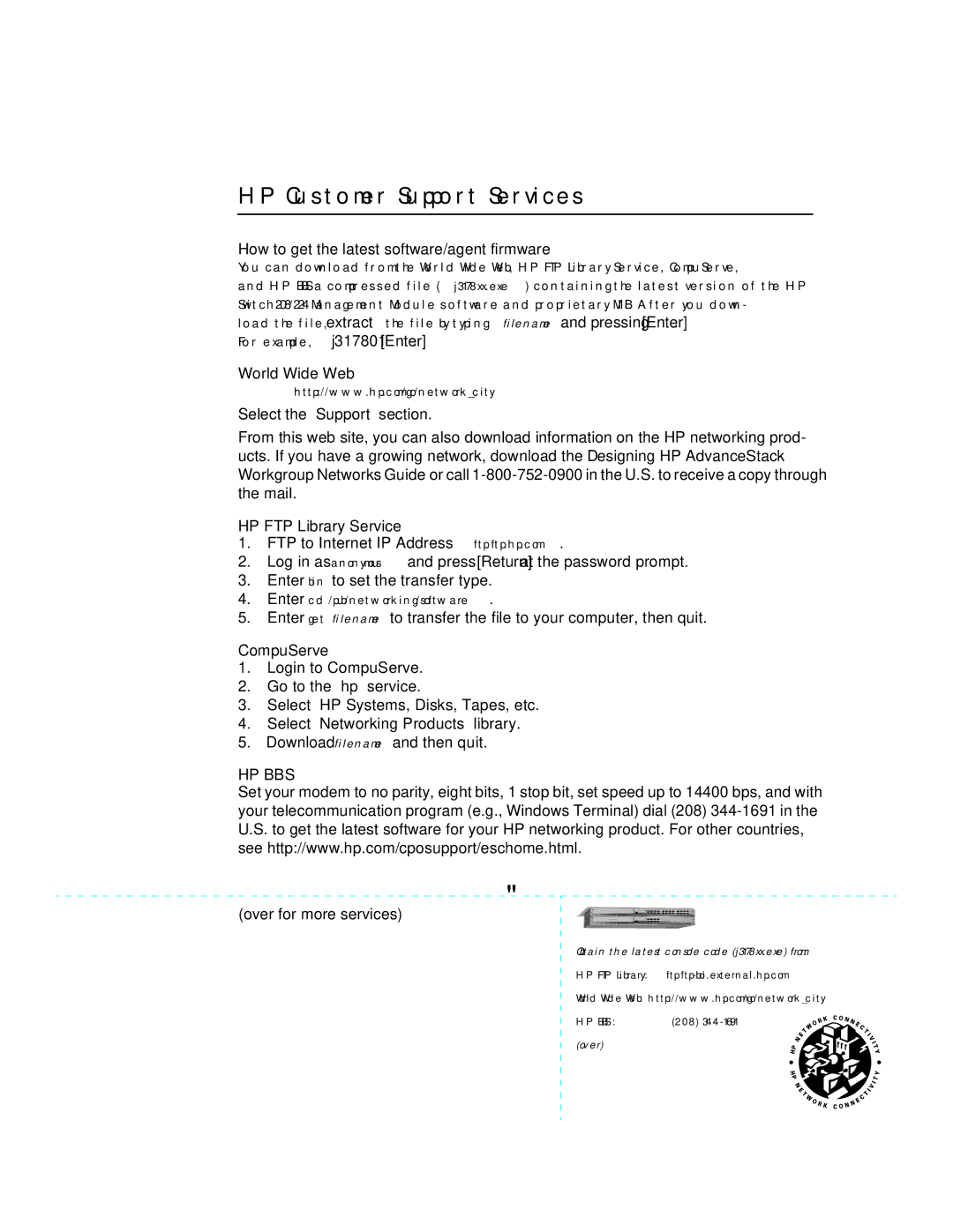 HP J3175A, J3177A HP Customer Support Services, How to get the latest software/agent firmware, World Wide Web, CompuServe 