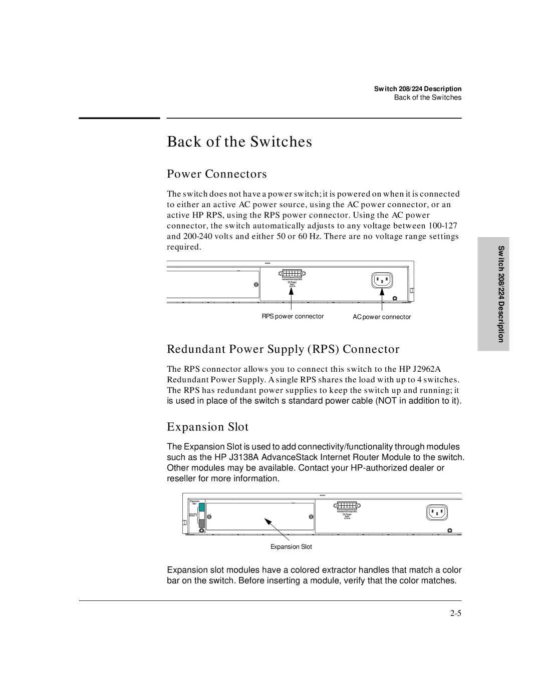 HP J3175A, J3177A manual Back of the Switches, Power Connectors, Redundant Power Supply RPS Connector, Expansion Slot 