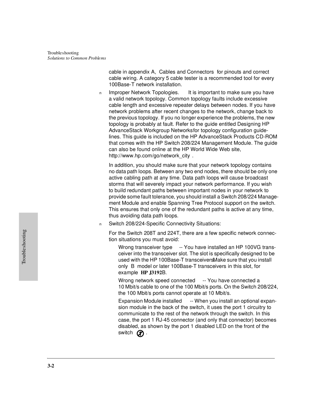 HP J3177A, J3175A manual Wrong network speed connected -- You have connected a, Troubleshooting 