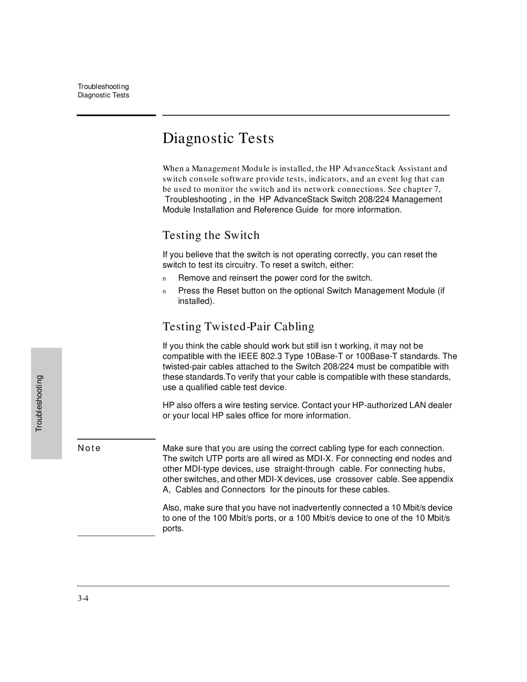 HP J3177A, J3175A manual Diagnostic Tests, Testing the Switch, Testing Twisted-Pair Cabling 