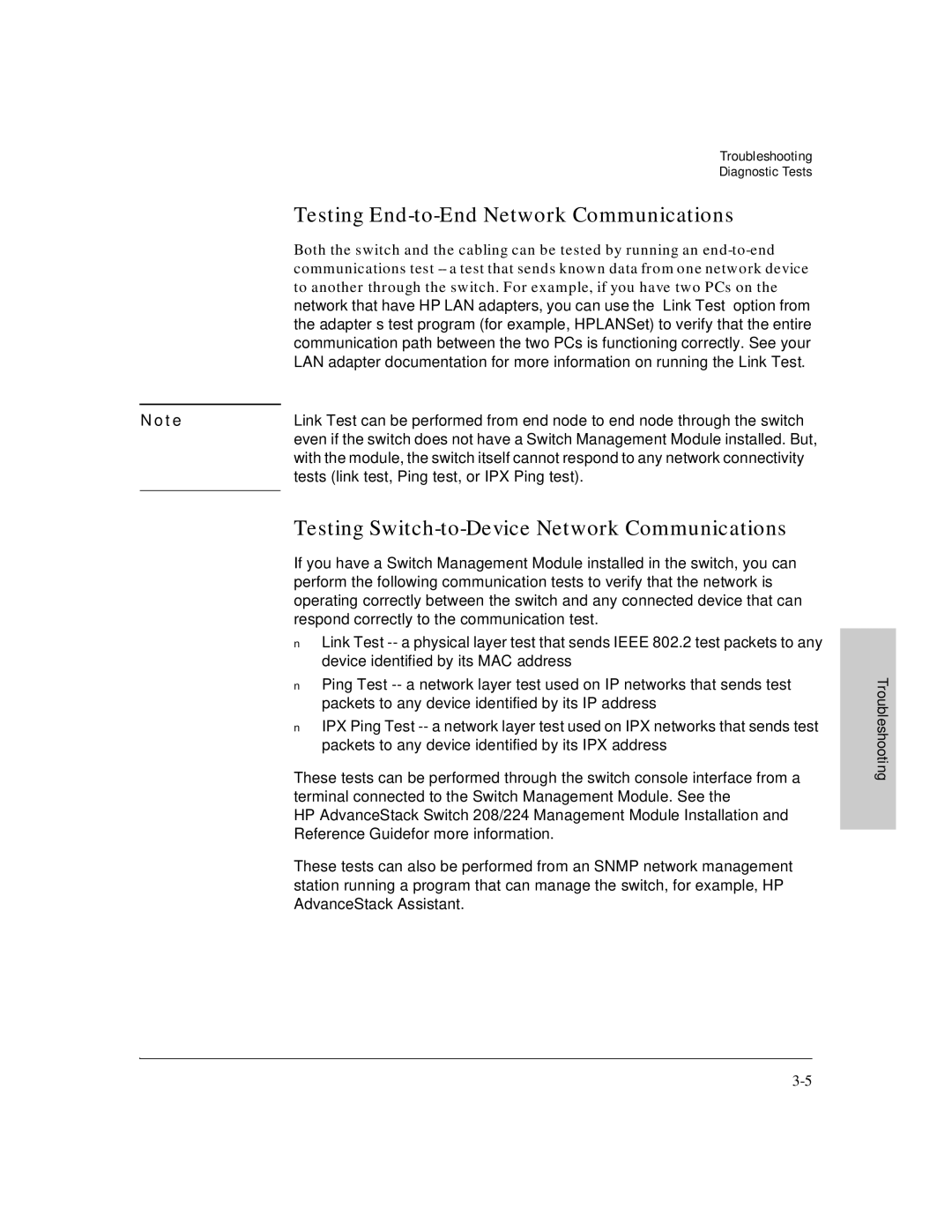 HP J3175A, J3177A manual Testing End-to-End Network Communications, Testing Switch-to-Device Network Communications 