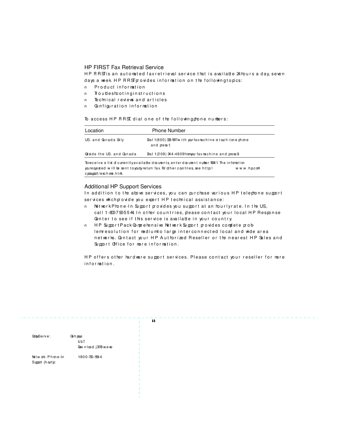 HP J3177A, J3175A manual HP First Fax Retrieval Service, Additional HP Support Services, Location Phone Number 