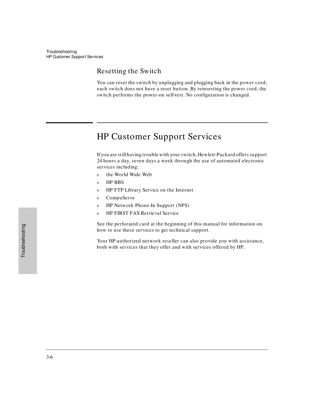 HP J3177A, J3175A manual Resetting the Switch, Hp Bbs 