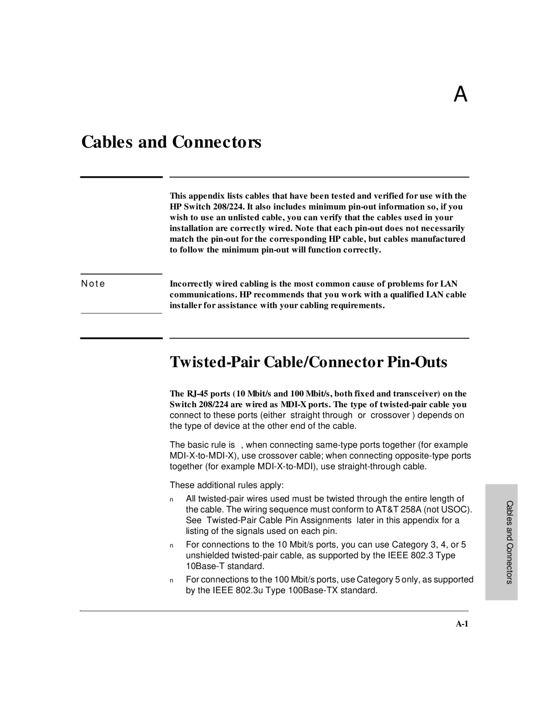 HP J3175A, J3177A manual Cables and Connectors, Twisted-Pair Cable/Connector Pin-Outs 