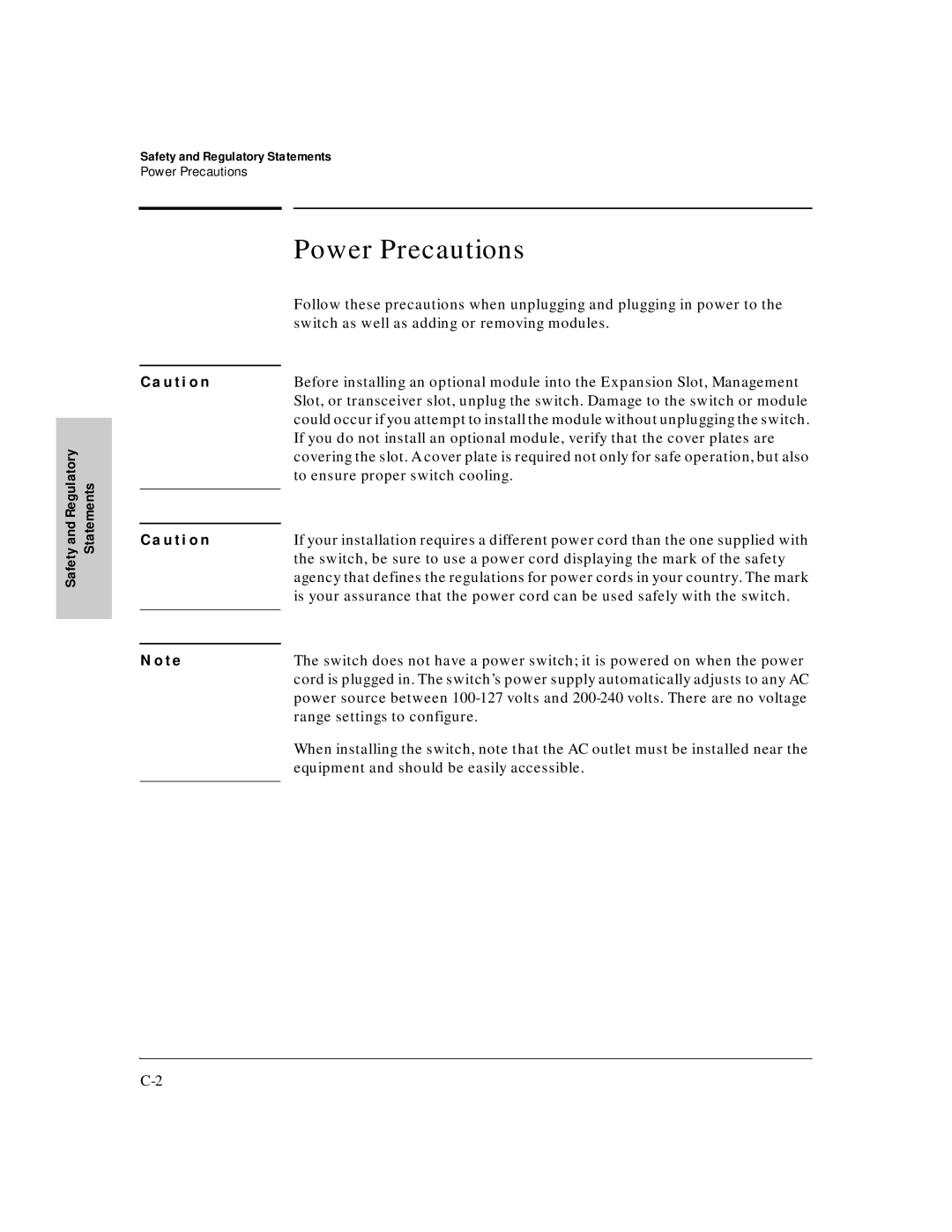 HP J3177A, J3175A manual Power Precautions, Safety and Regulatory Statements 