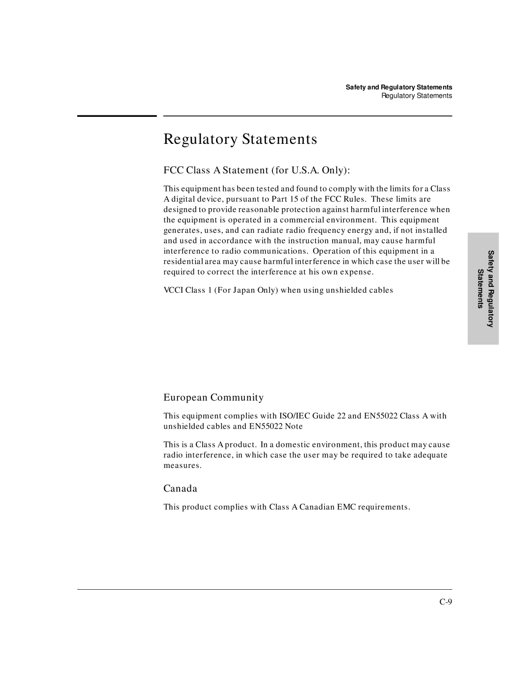 HP J3175A, J3177A manual Regulatory Statements, FCC Class a Statement for U.S.A. Only, European Community, Canada 