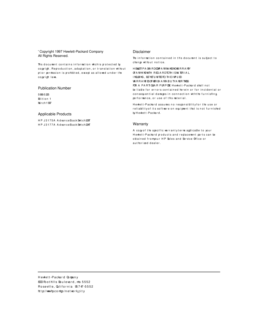 HP J3177A, J3175A manual Publication Number 