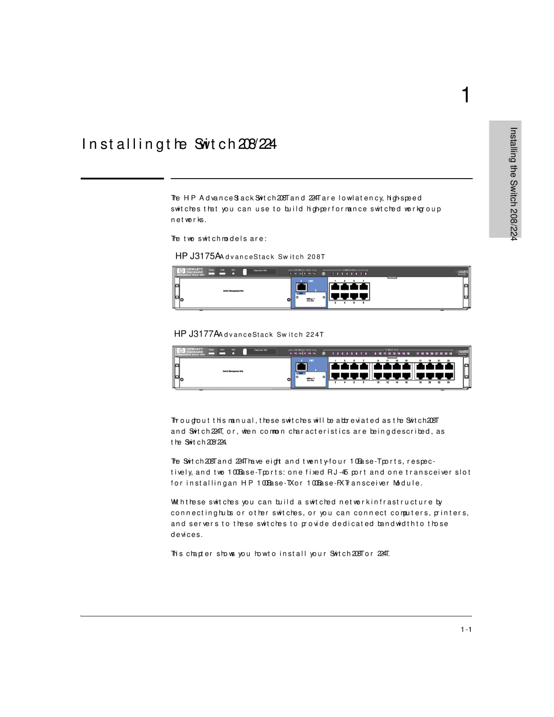 HP J3175A, J3177A manual Installing the Switch 208/224 