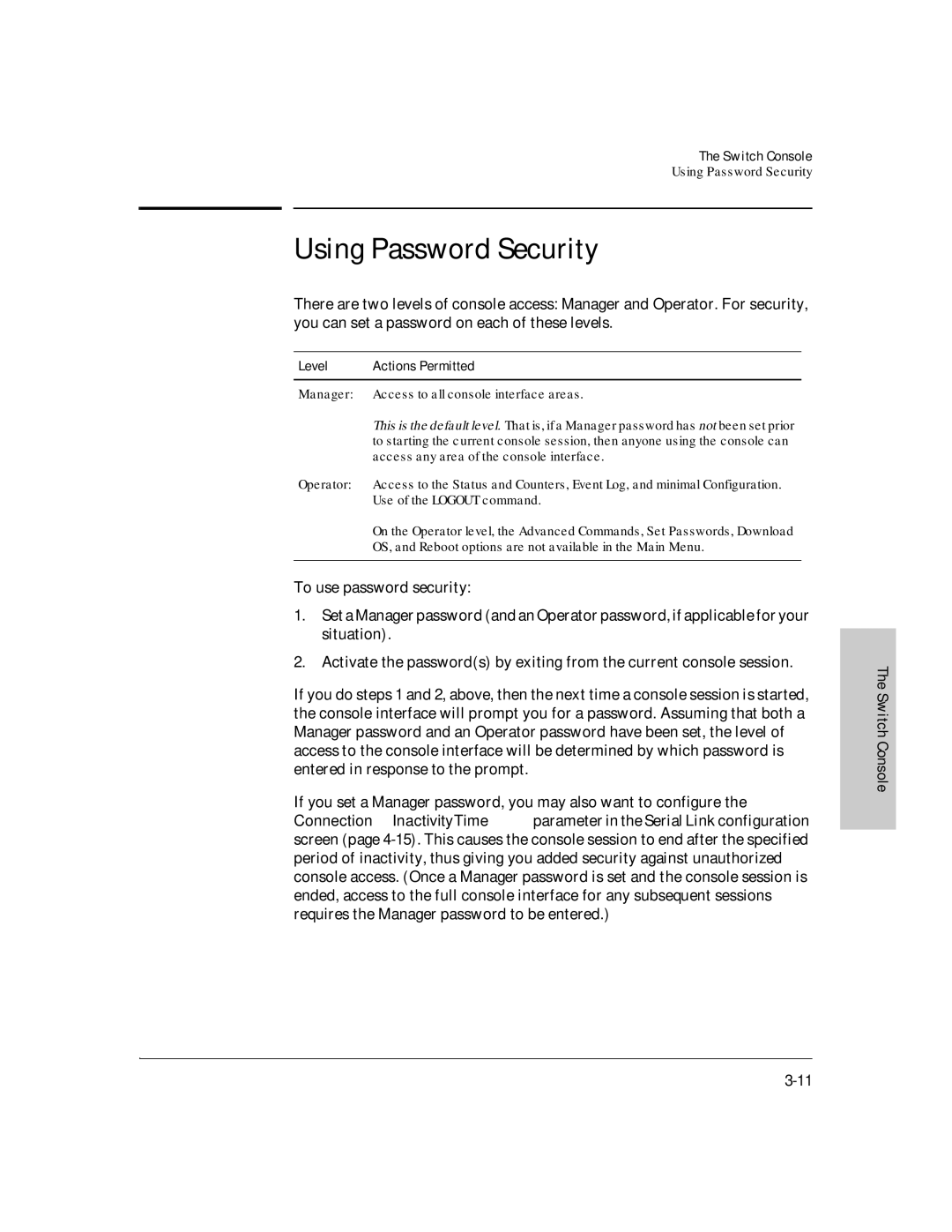 HP J3178A manual Using Password Security, Level Actions Permitted 