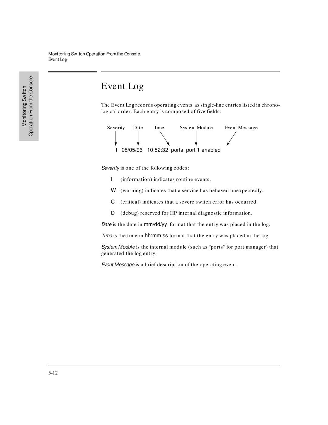 HP J3178A manual Event Log, Severity Date Time System Module 