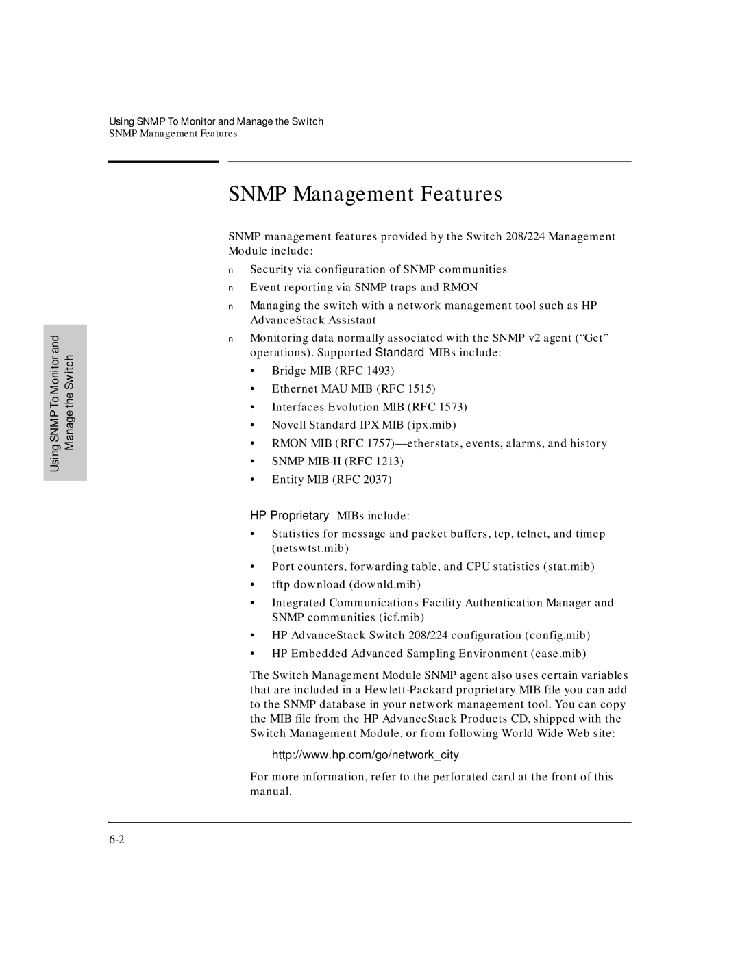 HP J3178A manual Snmp Management Features, HP Proprietary MIBs include 