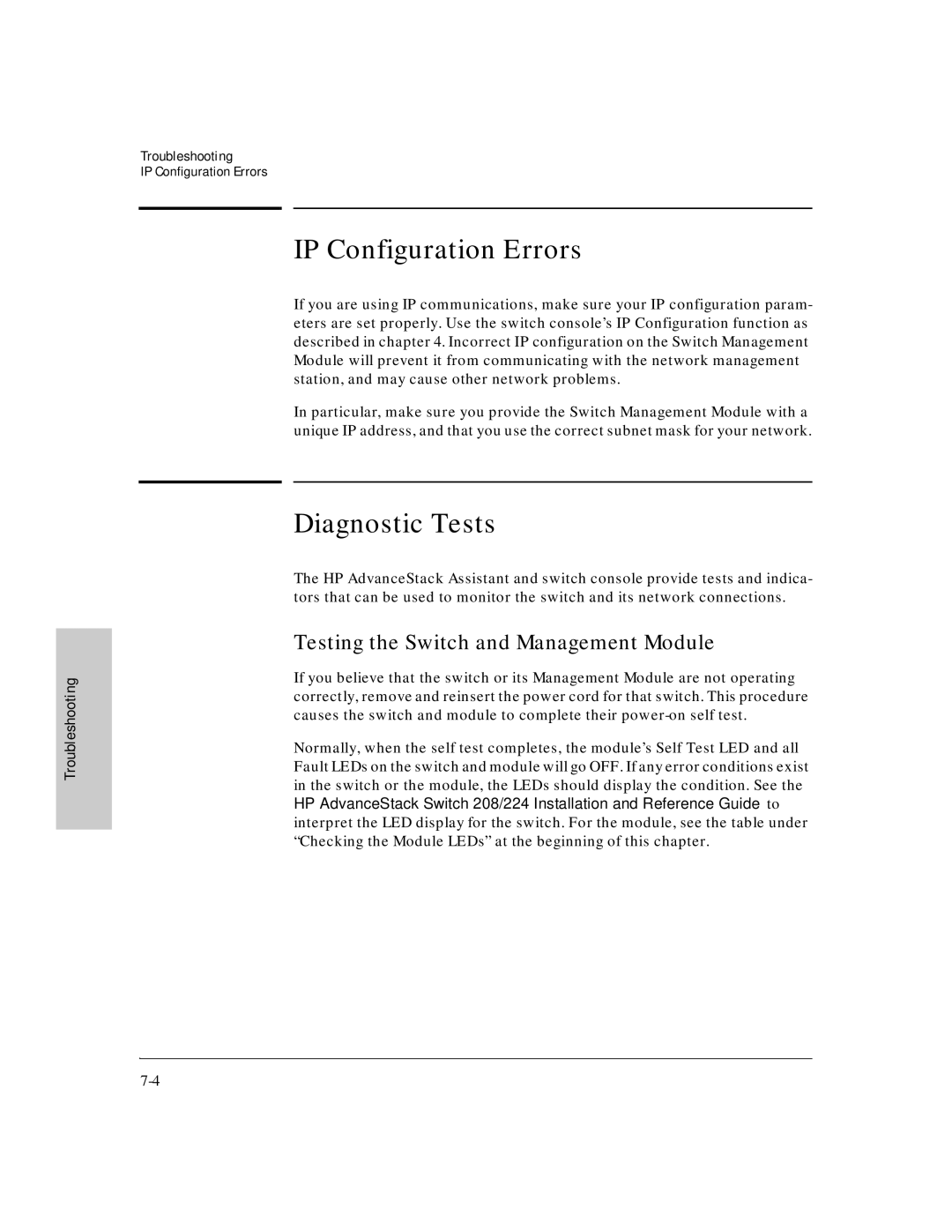 HP J3178A manual IP Configuration Errors, Diagnostic Tests, Testing the Switch and Management Module 