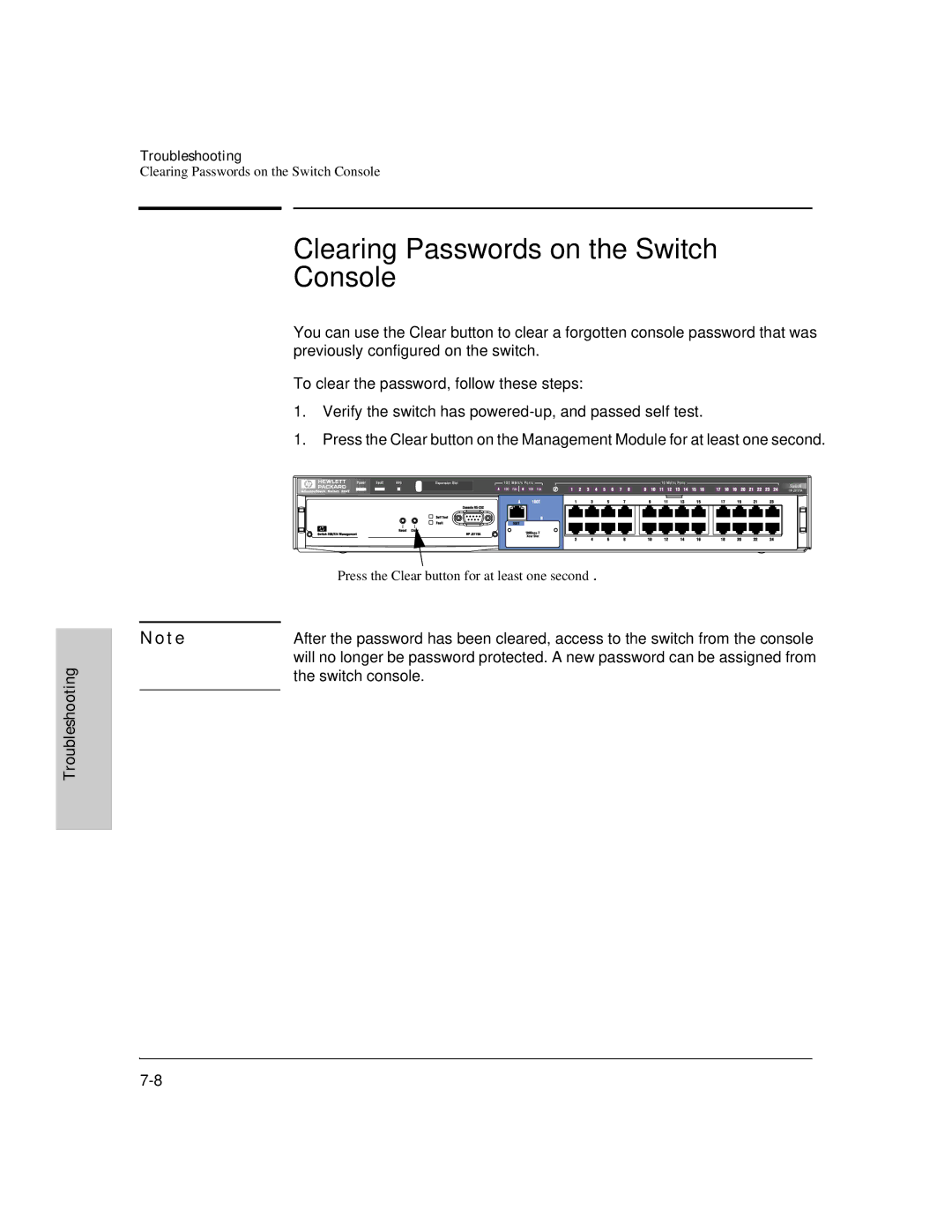 HP J3178A manual Clearing Passwords on the Switch Console, T e 