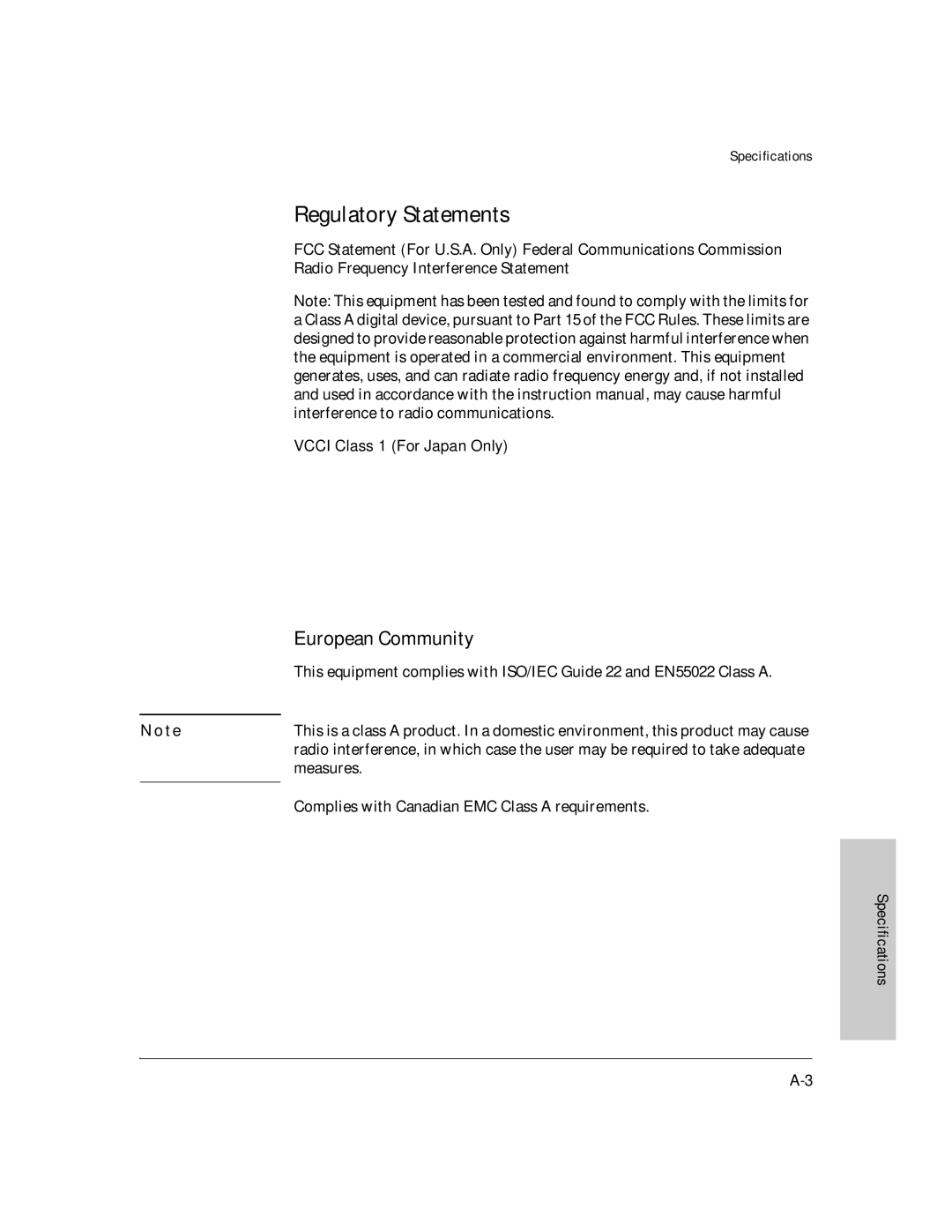 HP J3178A manual Regulatory Statements, Vcci Class 1 For Japan Only 