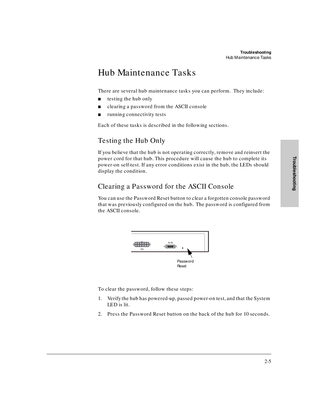 HP J3188A manual Hub Maintenance Tasks, Testing the Hub Only, Clearing a Password for the Ascii Console 