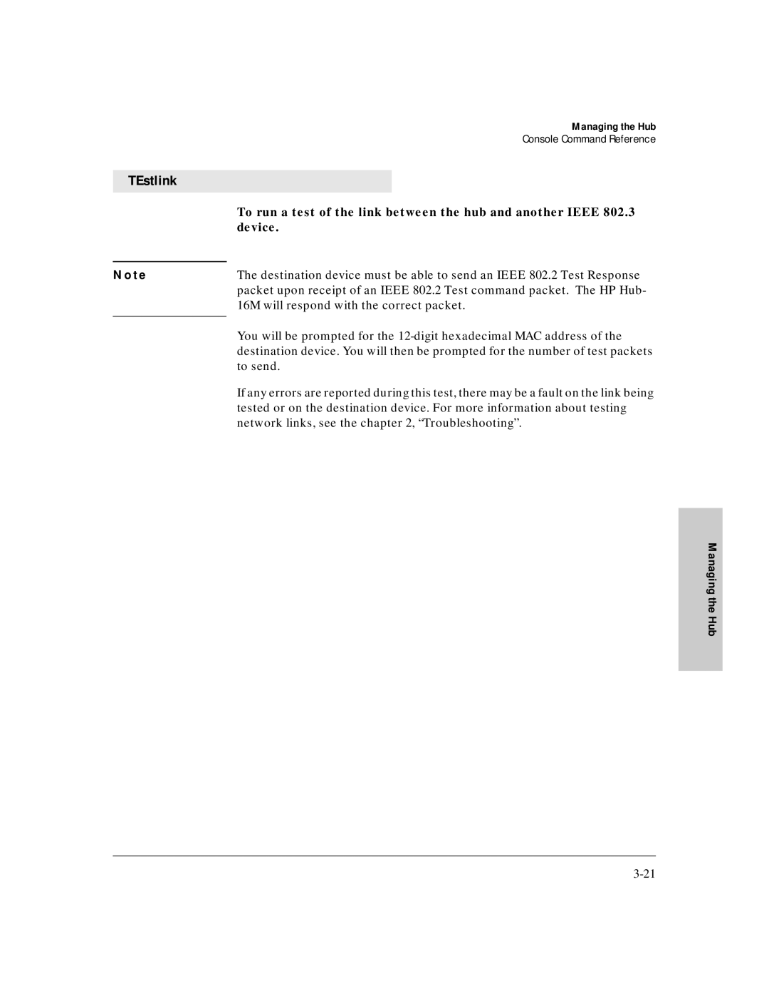 HP J3188A manual TEstlink, 16M will respond with the correct packet, To send, Network links, see the , Troubleshooting 