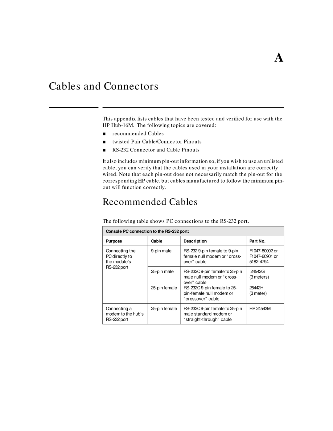 HP J3188A manual Cables and Connectors, Recommended Cables, Following table shows PC connections to the RS-232 port 