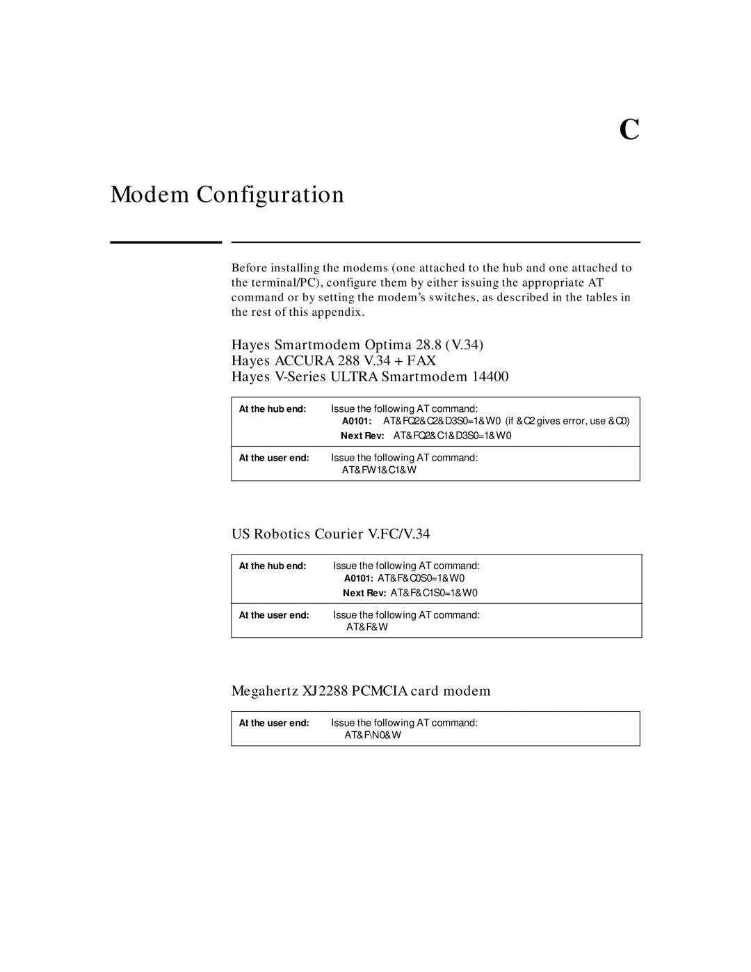 HP J3188A manual Modem Configuration, US Robotics Courier V.FC/V.34, Megahertz XJ2288 Pcmcia card modem 