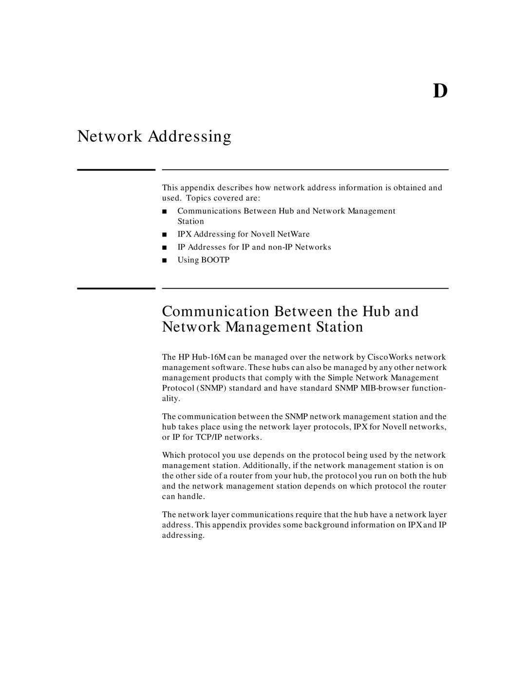 HP J3188A manual Network Addressing, Communication Between the Hub Network Management Station 