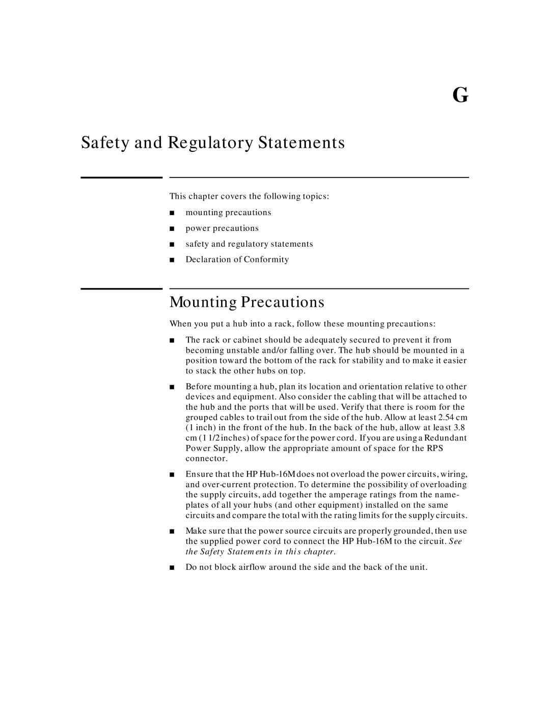 HP J3188A manual Safety and Regulatory Statements, Mounting Precautions 