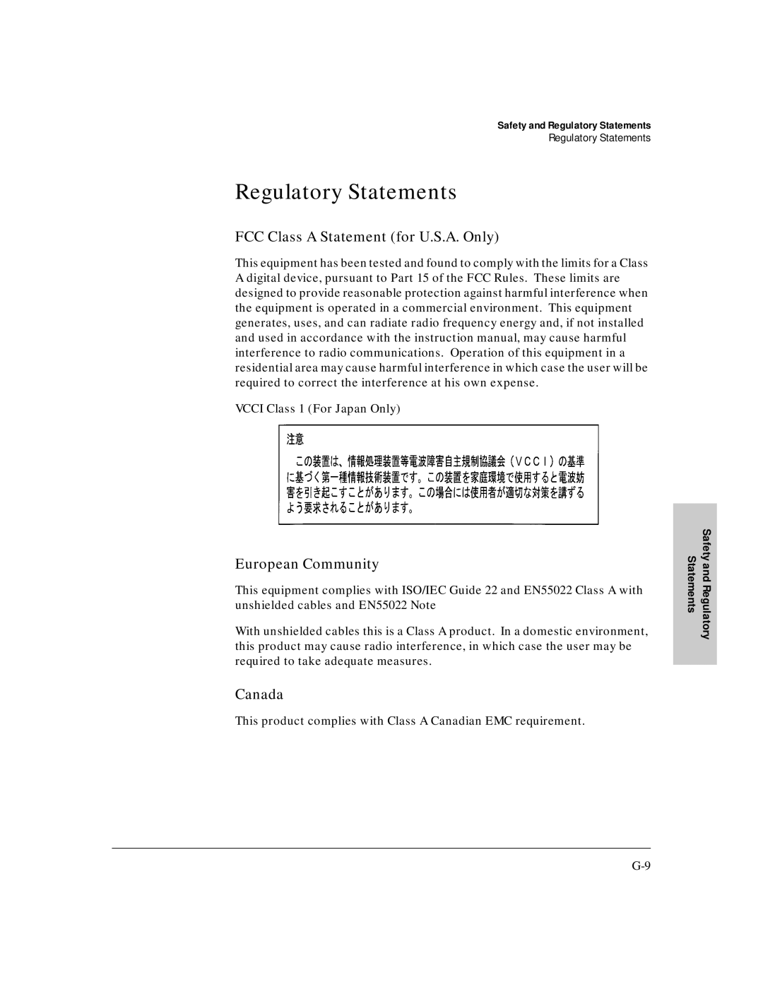 HP J3188A manual Regulatory Statements, FCC Class a Statement for U.S.A. Only, European Community, Canada 