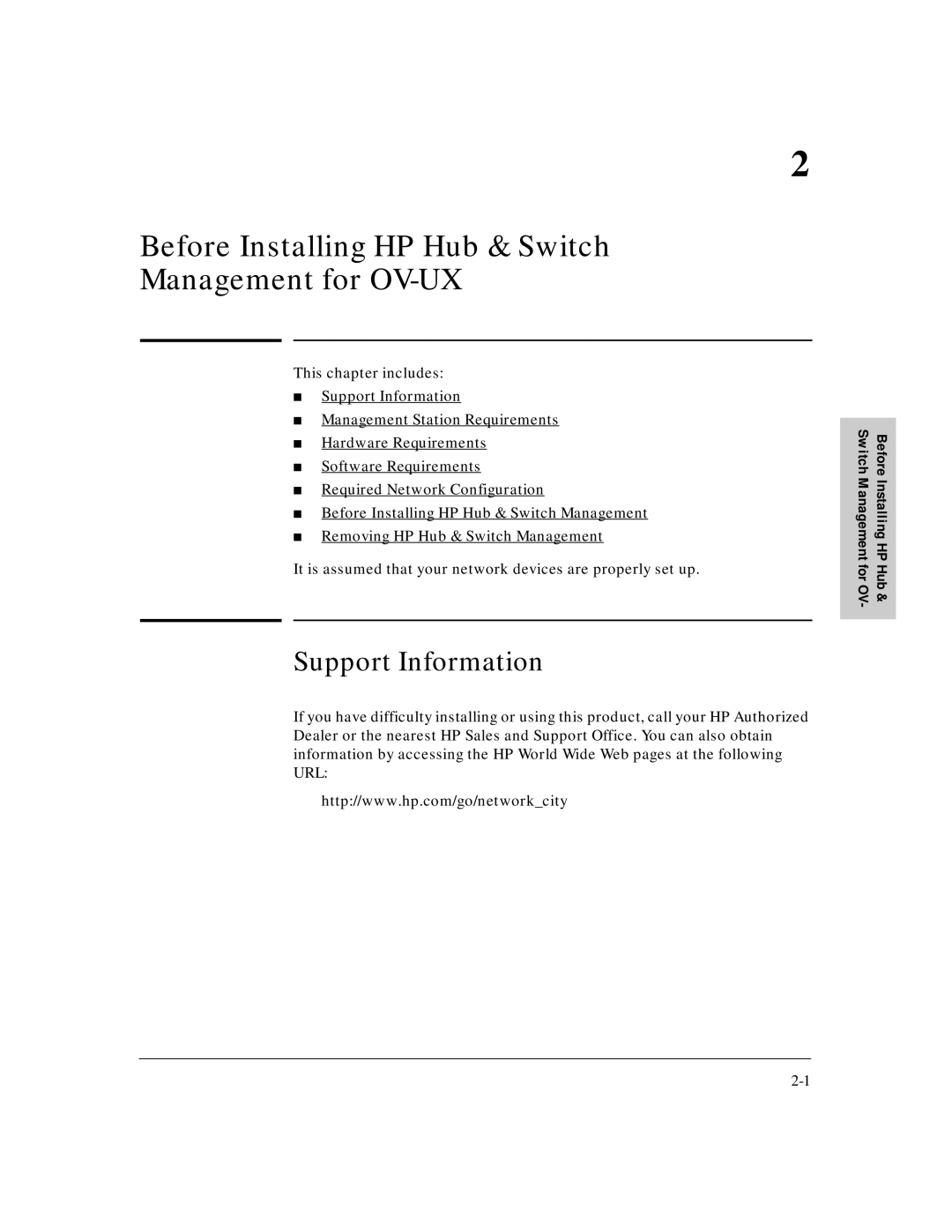 HP J3250M manual Before Installing HP Hub & Switch Management for OV-UX, Support Information 