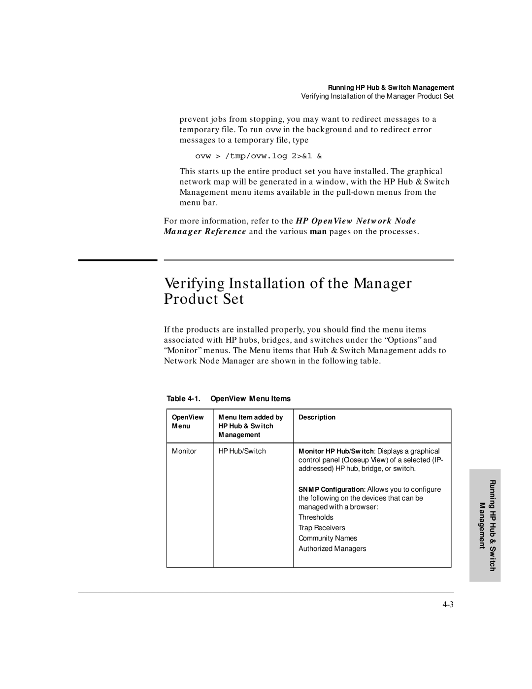 HP J3250M Verifying Installation of the Manager Product Set, Monitor HP Hub/Switch, Addressed HP hub, bridge, or switch 