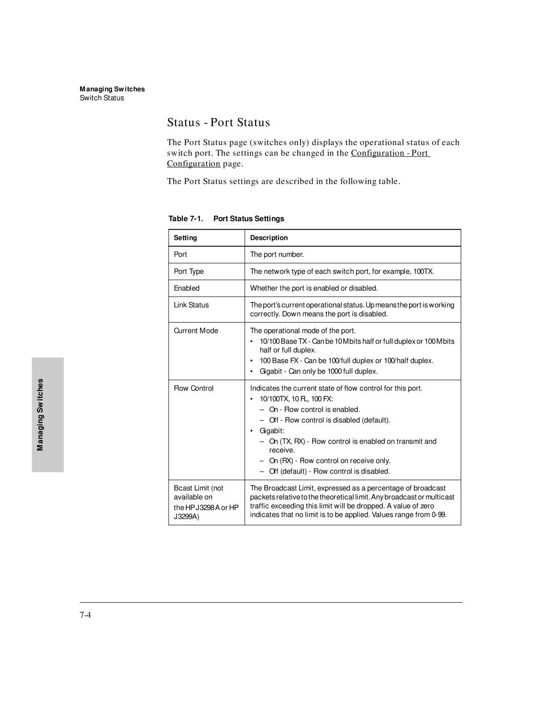 HP J3250M manual Status Port Status, Port Status Settings 